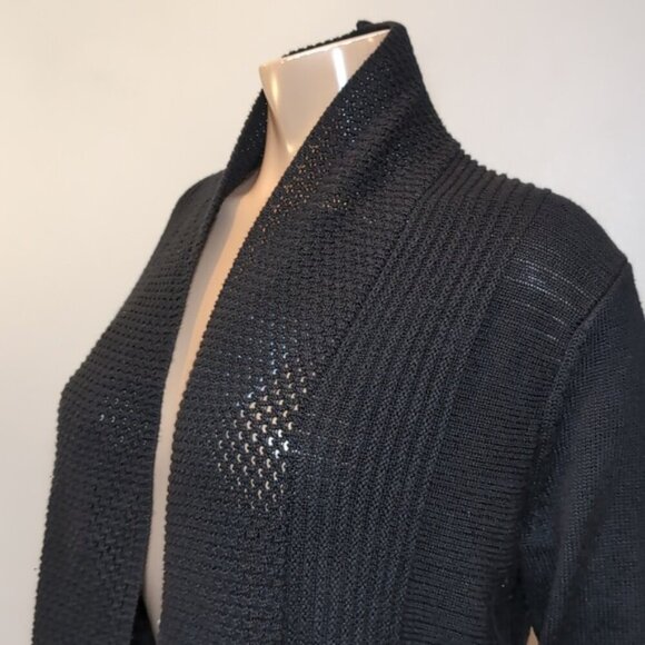 Laura Open Front Cardigan Sweater Shawl Collar Black Tunic Length Long Sleeve - Picture 4 of 15